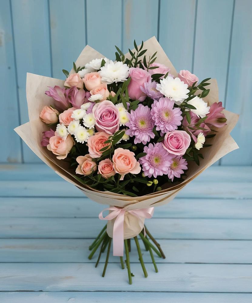 Букет цветов из: Хризантемы, Розы и Альстромерии в Манаскенте