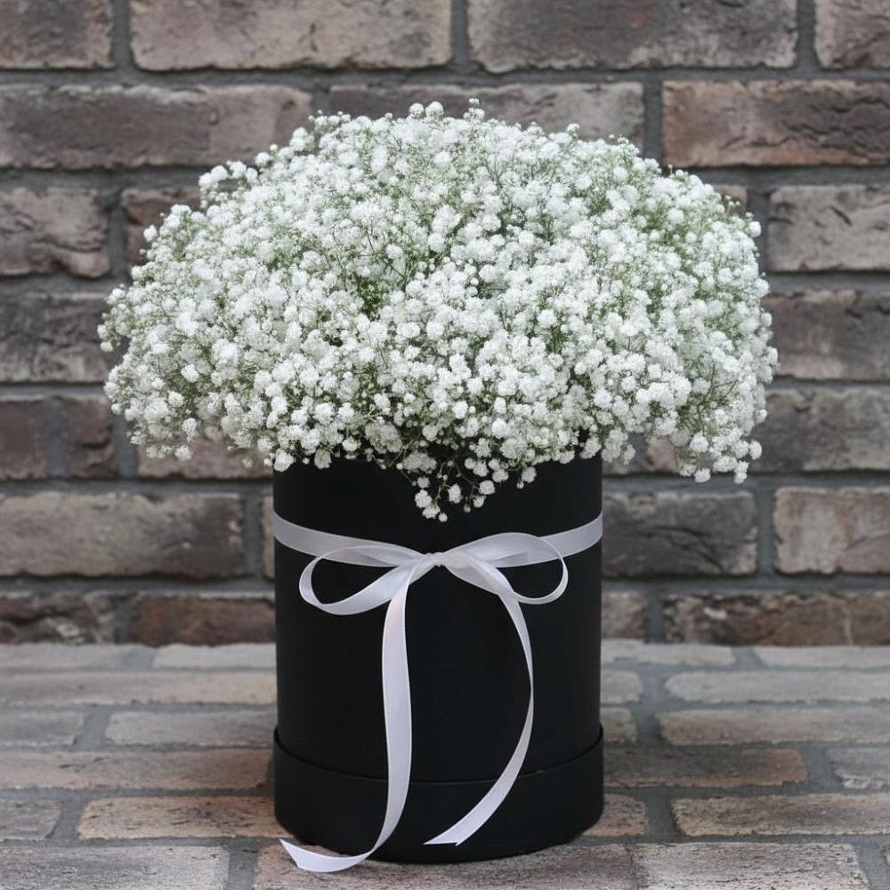 Цветочная композиция из Гипсофила в шляпной коробке в Манаскенте