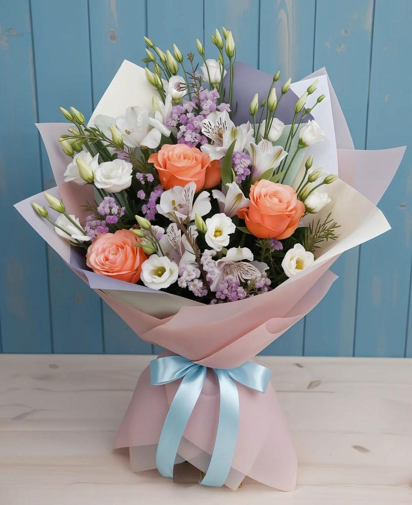 Букет цветов из: Лизиантусы, Розы, Альстромерии и Гипсофила в Манаскенте