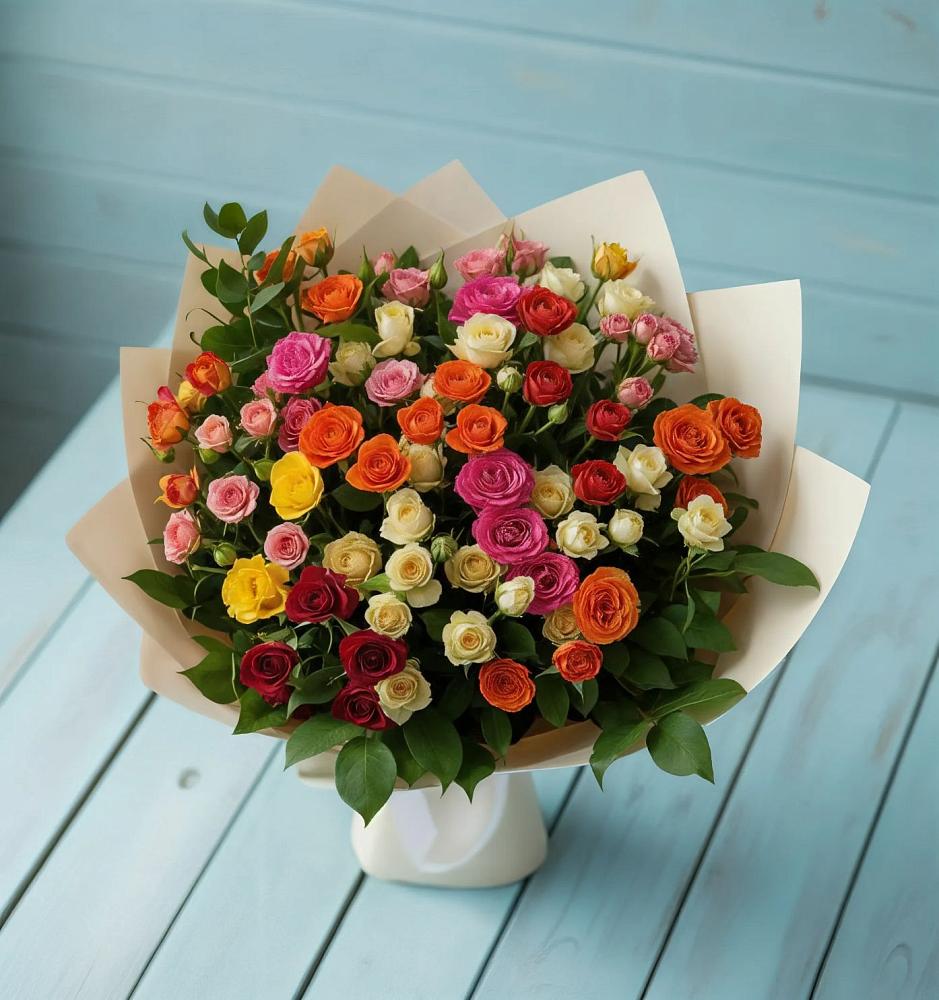 Букет Микс из разноцветных кустовых роз в Манаскенте