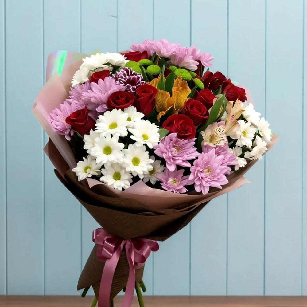 Букет цветов из: Розы, Хризантемы и Альстромерии в Манаскенте