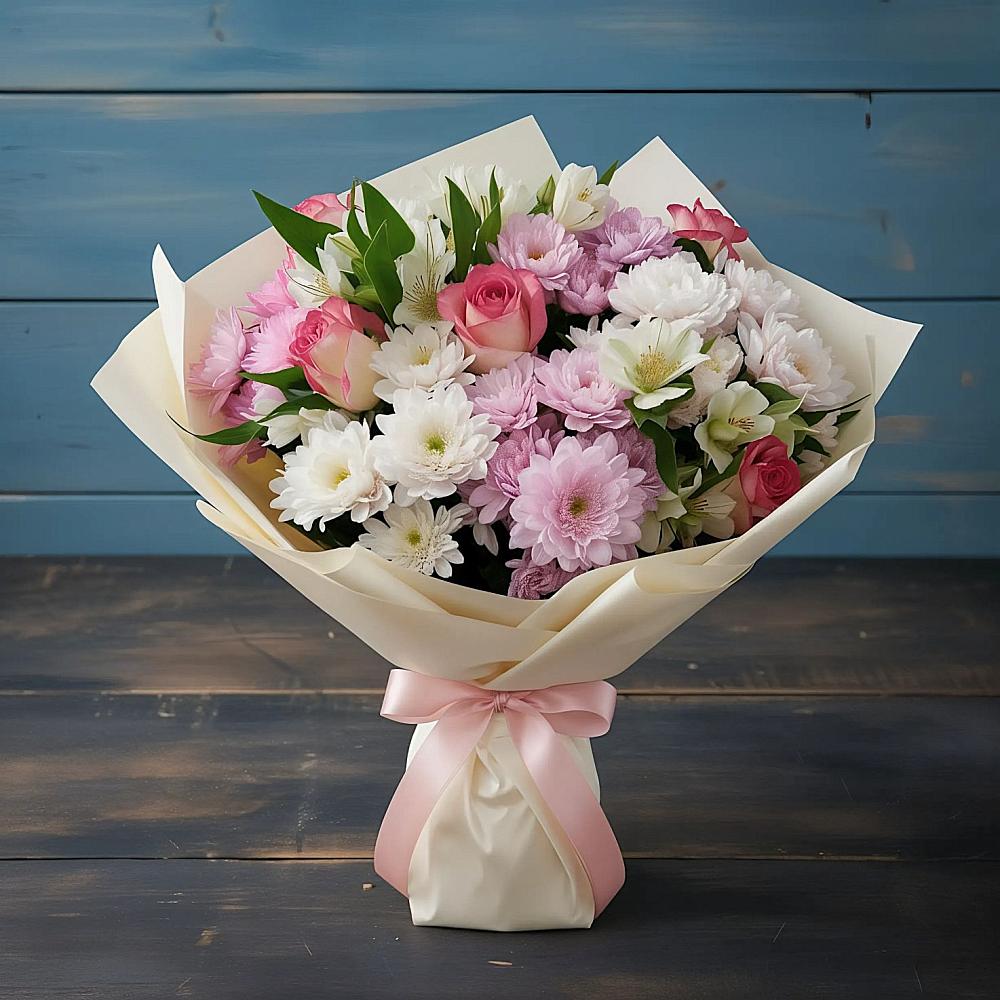 Букет цветов из: Хризантемы, Альстромерии и Розы в Манаскенте